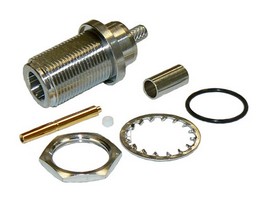 N-type female bulkhead style, crimp connector for RG58 coaxial cables, DC-11 GHz, 50 Ohms – nickel plated